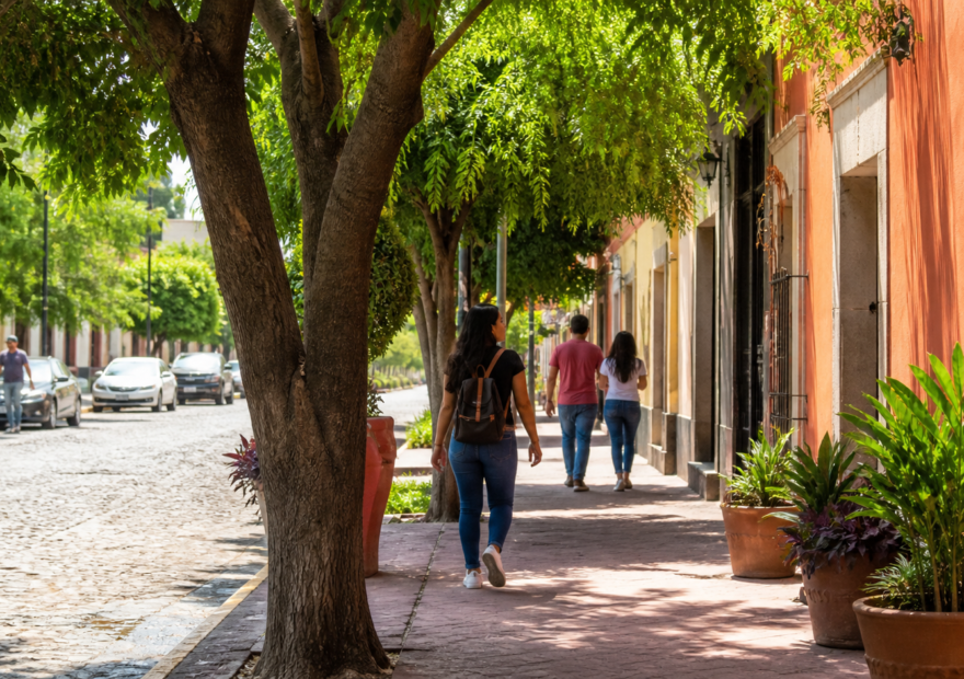 Calle urbana con árboles maduros que proyectan sombra sobre peatones, vehículos y una banqueta de concreto.