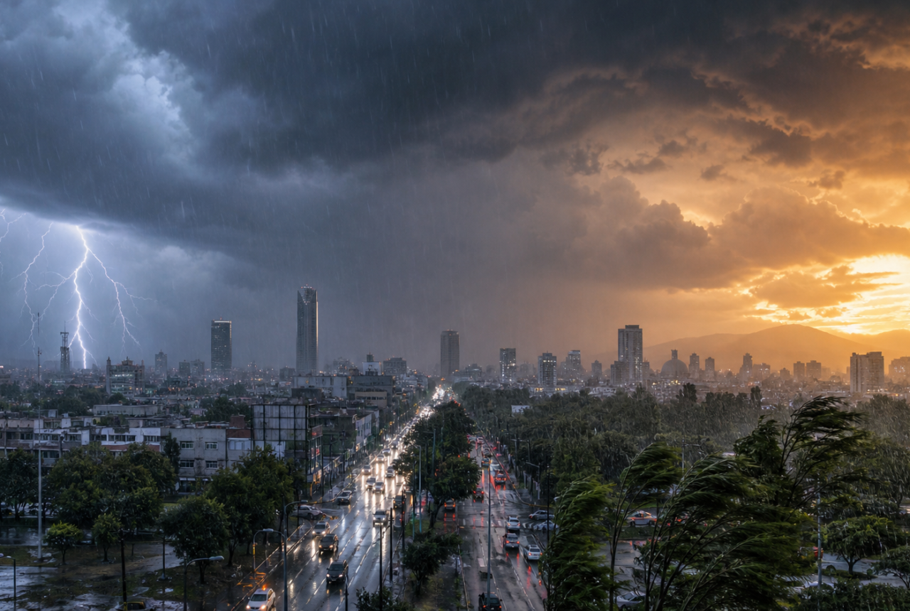 Tormenta intensa sobre la Ciudad de México con lluvia, viento y cielo de alto contraste térmico