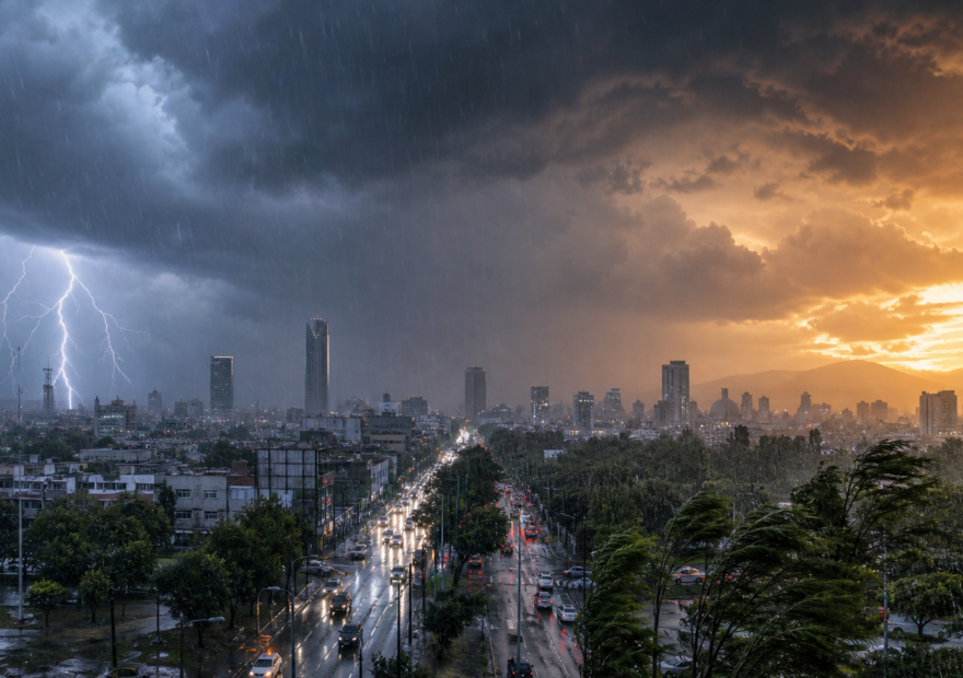 Tormenta intensa sobre la Ciudad de México con lluvia, viento y cielo de alto contraste térmico