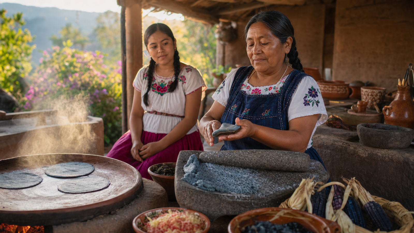 Cocinera tradicional prepara tortillas de maíz azul junto a un metate en una cocina rural de Michoacán.