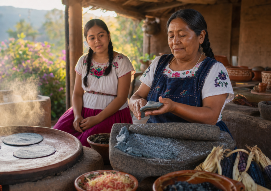 Cocinera tradicional prepara tortillas de maíz azul junto a un metate en una cocina rural de Michoacán.