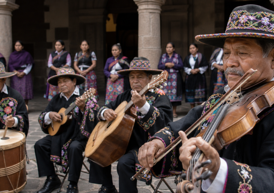 Músicos p’urhépechas interpretan pirekua con instrumentos de cuerda en una plaza comunitaria.