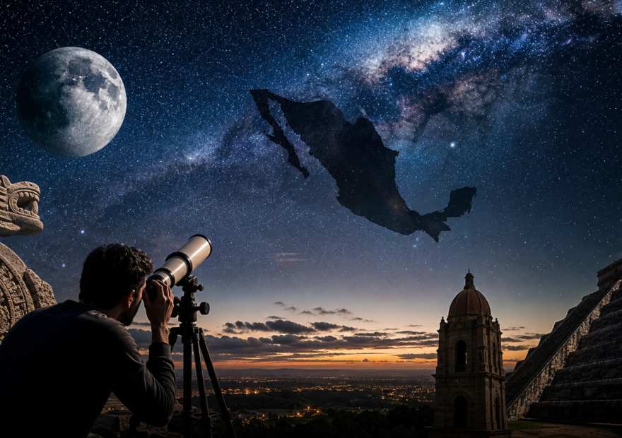 Observador mexicano con telescopio frente a la Luna y un cielo estrellado sobre paisajes culturales de México.