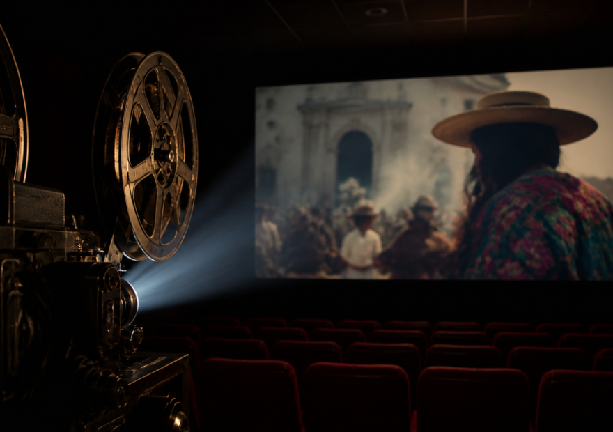 Proyector ilumina una sala de cine mientras una pantalla muestra una película mexicana.
