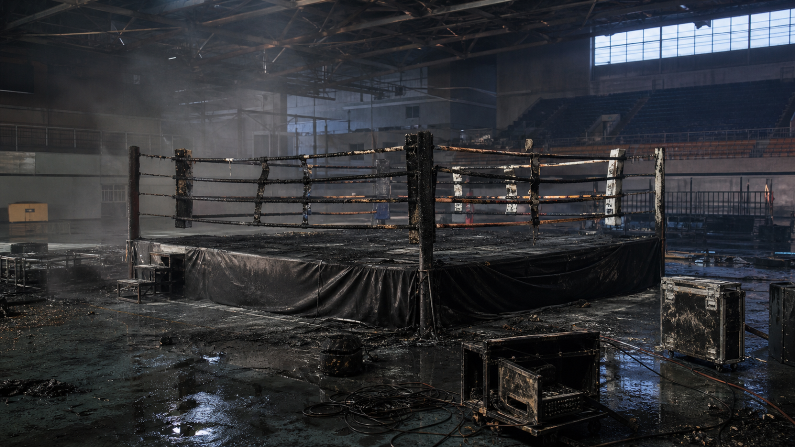 Ring de boxeo quemado y equipo de montaje afectado dentro de un recinto deportivo; imagen ilustrativa