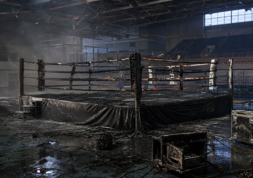 Ring de boxeo quemado y equipo de montaje afectado dentro de un recinto deportivo; imagen ilustrativa