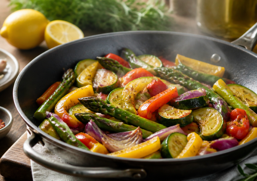 Verduras coloridas cocinadas suavemente en un sartén con hierbas y limón