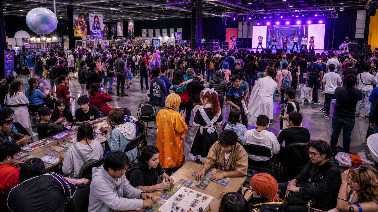 Jóvenes participan en una feria cultural geek con videojuegos, juegos de mesa y baile K-pop