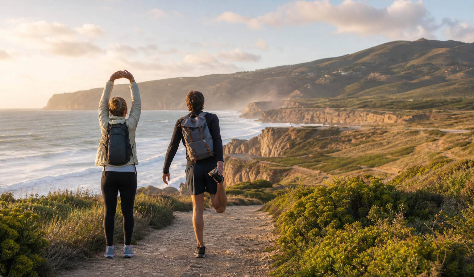 Viajeros realizan estiramientos durante una caminata costera