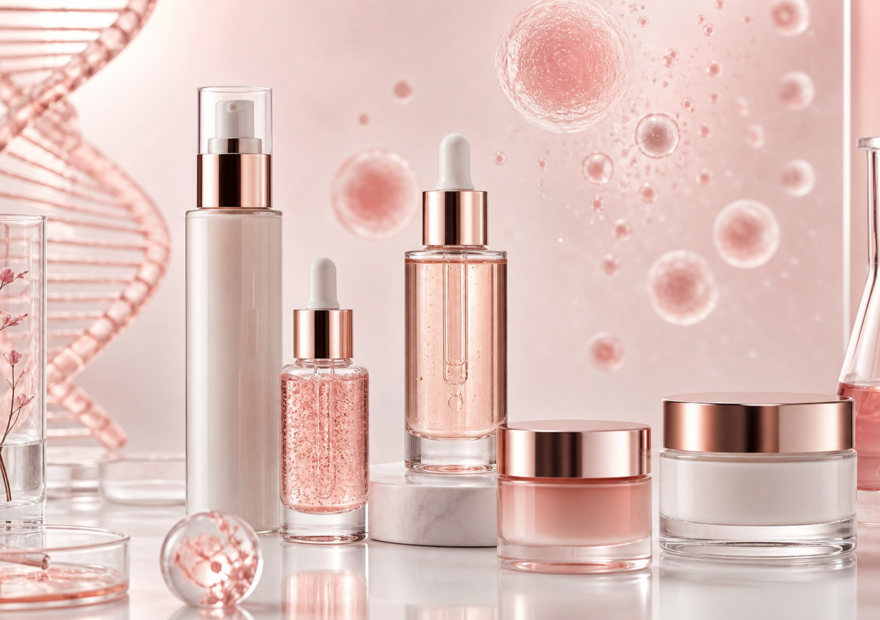 Sérums y cremas con PDRN y exosomas, ilustración editorial de skincare