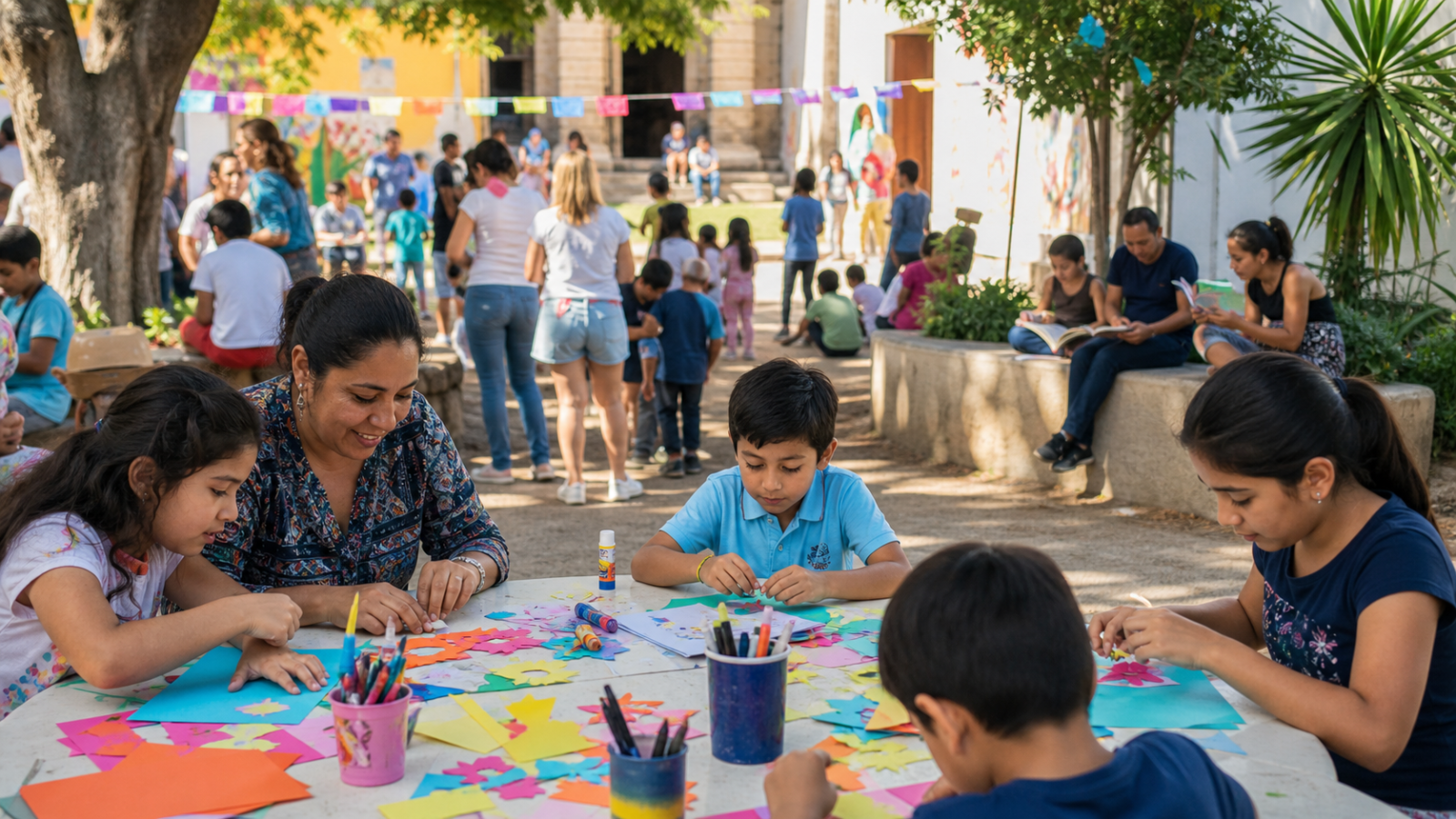 Familias participan en un taller gratuito de arte y lectura en un espacio cultural comunitario
