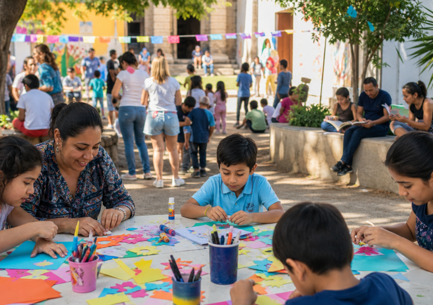 Familias participan en un taller gratuito de arte y lectura en un espacio cultural comunitario