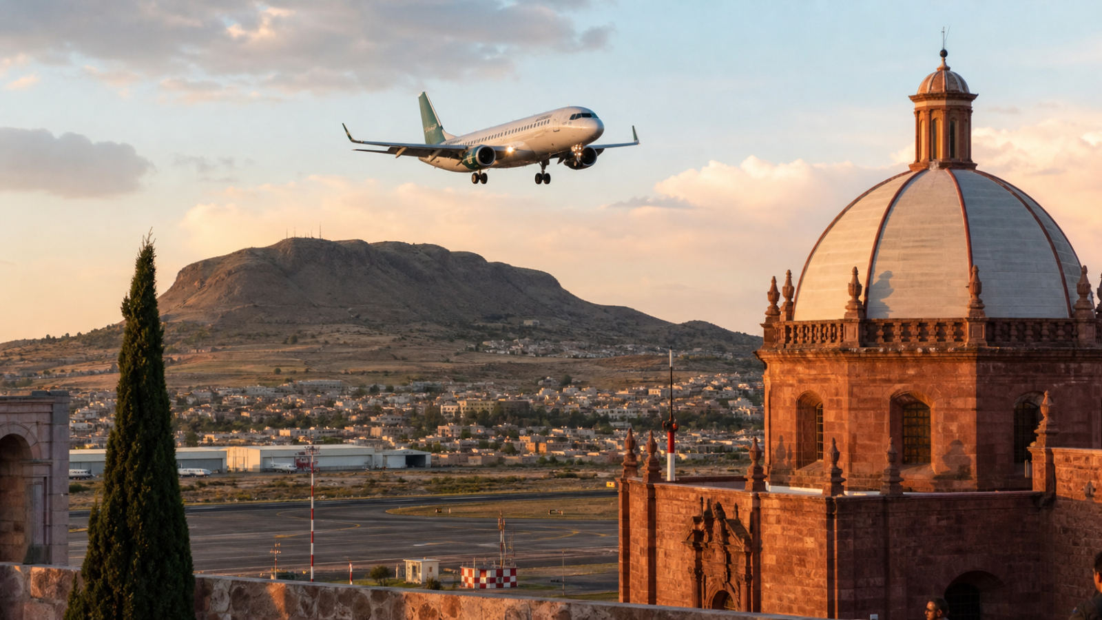 Avión de Mexicana de Aviación sobre Zacatecas, ilustración editorial de la nueva ruta hacia el AIFA