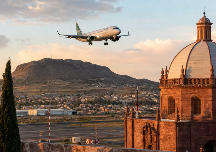 Avión de Mexicana de Aviación sobre Zacatecas, ilustración editorial de la nueva ruta hacia el AIFA