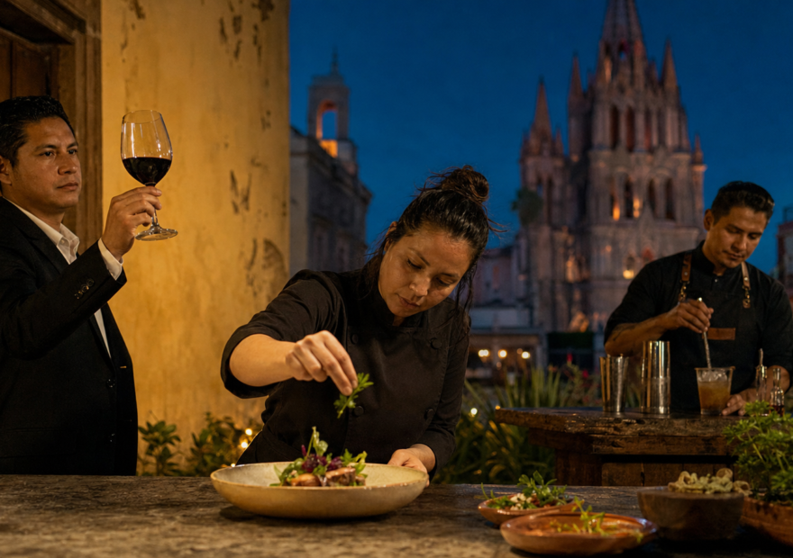 Chef termina un plato mientras un sommelier levanta una copa de vino guanajuatense y un mixólogo trabaja al fondo, con arquitectura de San Miguel de Allende.