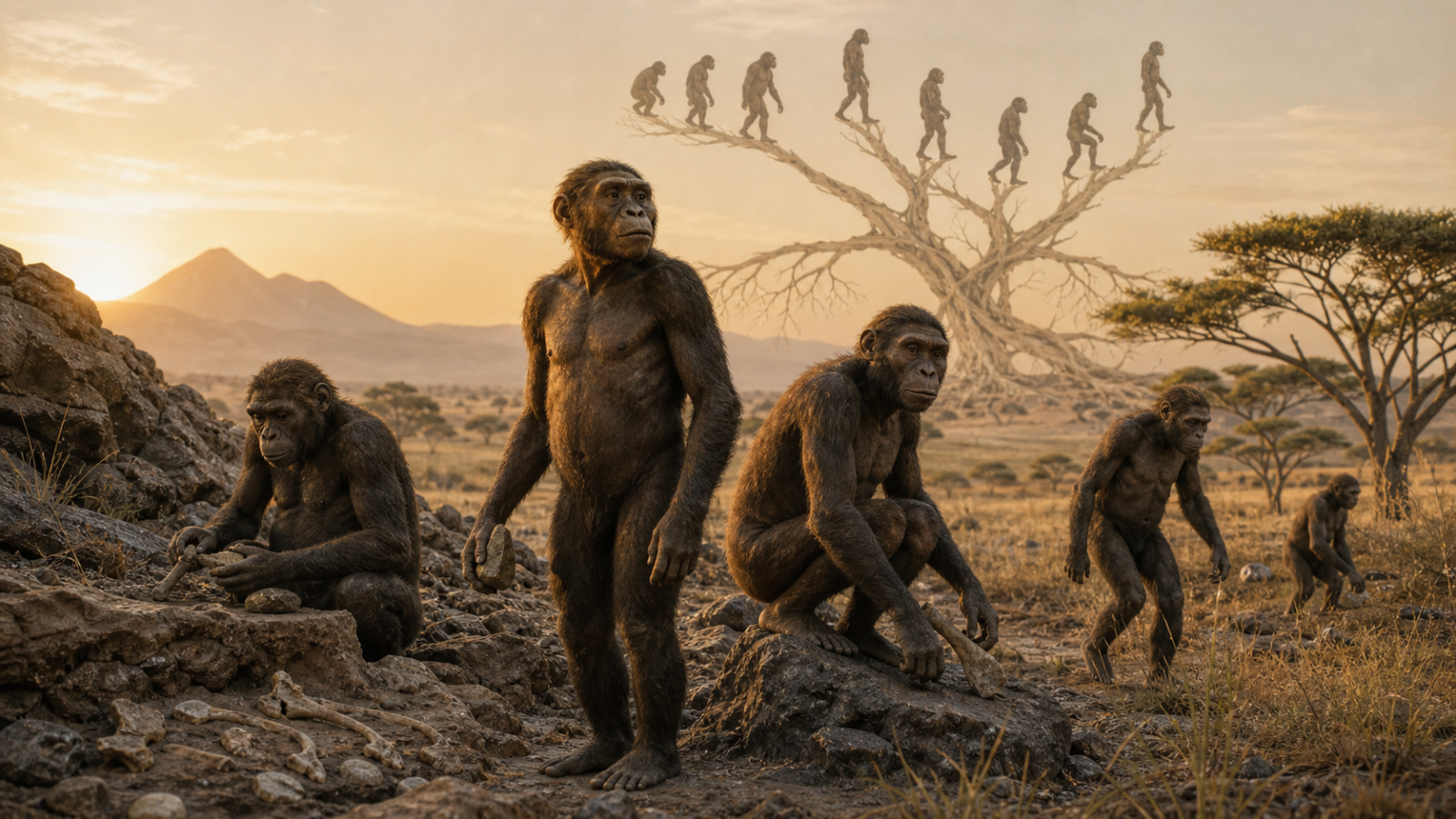 Reconstrucción científica de homininos tempranos en la sabana africana y la evolución ramificada del género Homo