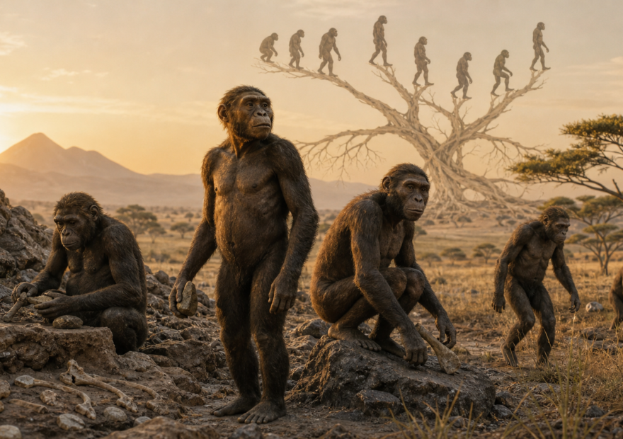 Reconstrucción científica de homininos tempranos en la sabana africana y la evolución ramificada del género Homo