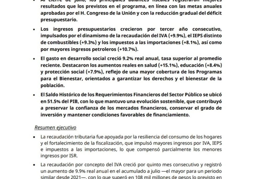 Comunicado de Hacienda sobre las finanzas públicas y la deuda de México a julio de 2026