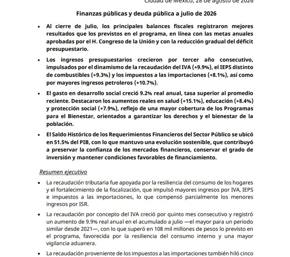 Comunicado de Hacienda sobre las finanzas públicas y la deuda de México a julio de 2026