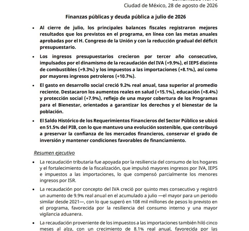 Comunicado de Hacienda sobre las finanzas públicas y la deuda de México a julio de 2026