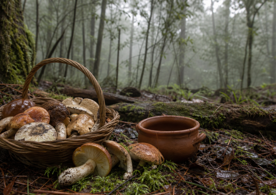 Hongos silvestres en una canasta sobre el suelo de un bosque húmedo de pinos y encinos.