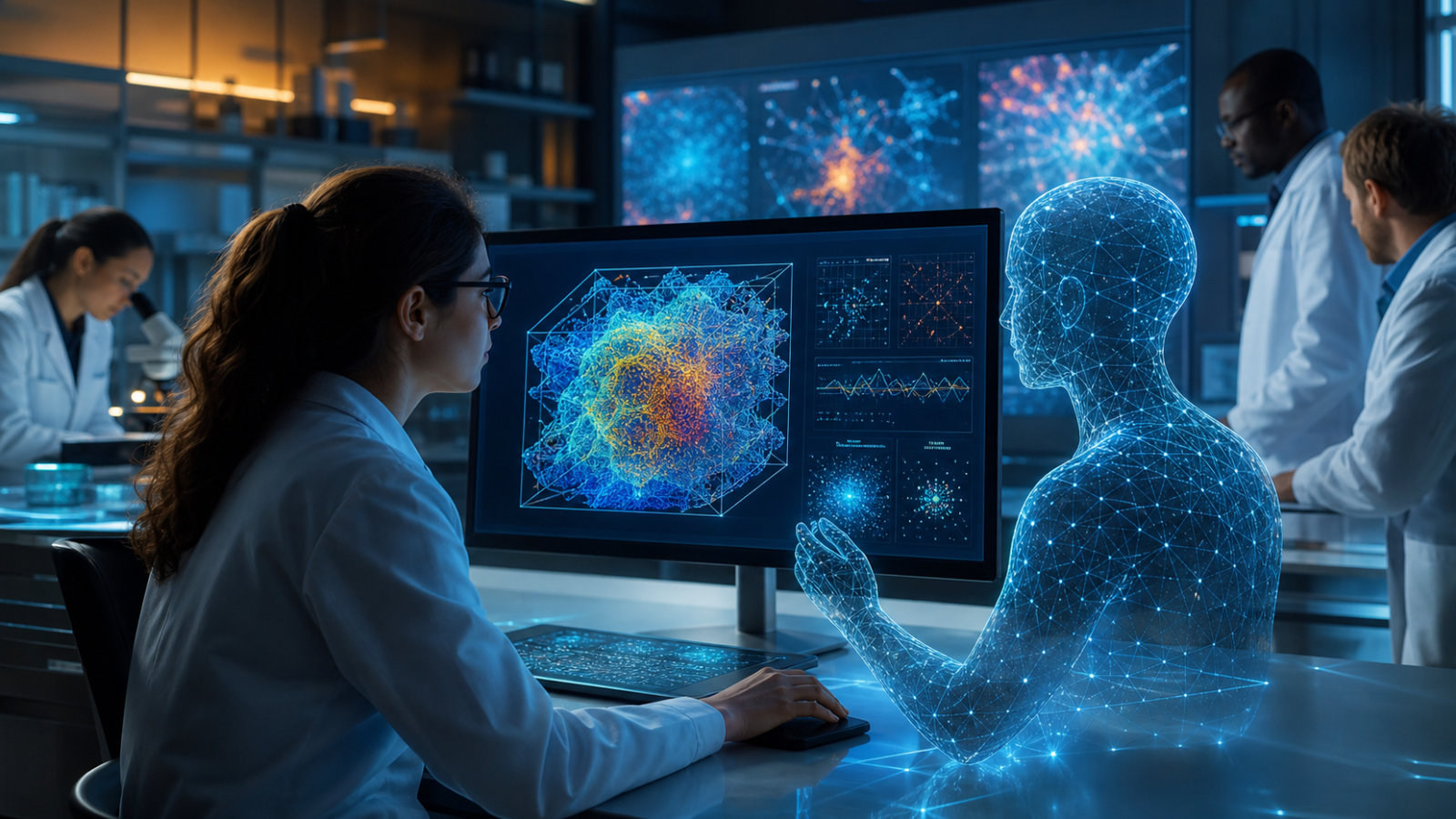 Investigadora analiza una simulación científica con inteligencia artificial en un laboratorio moderno