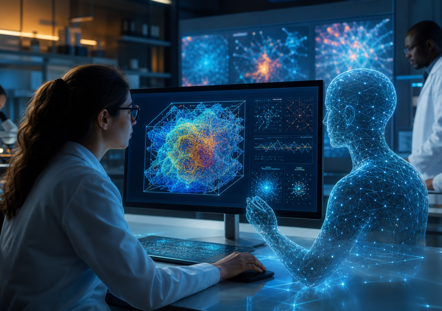 Investigadora analiza una simulación científica con inteligencia artificial en un laboratorio moderno