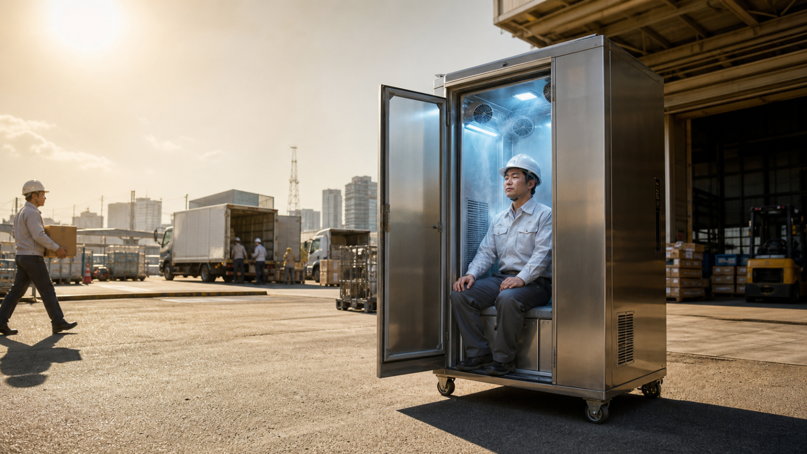 Cabina de enfriamiento personal en un almacén japonés durante una ola de calor