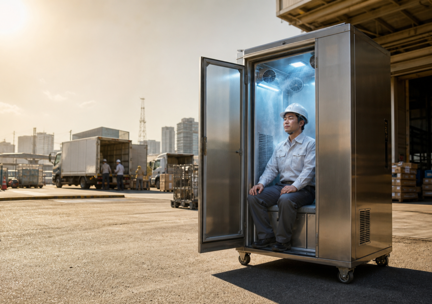 Cabina de enfriamiento personal en un almacén japonés durante una ola de calor