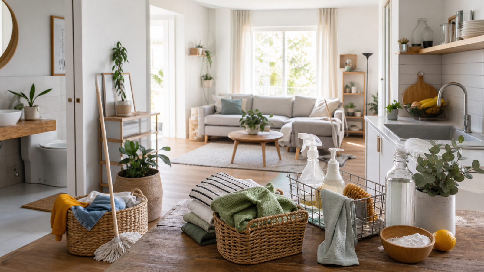 Interior ordenado de una casa durante una rutina de limpieza