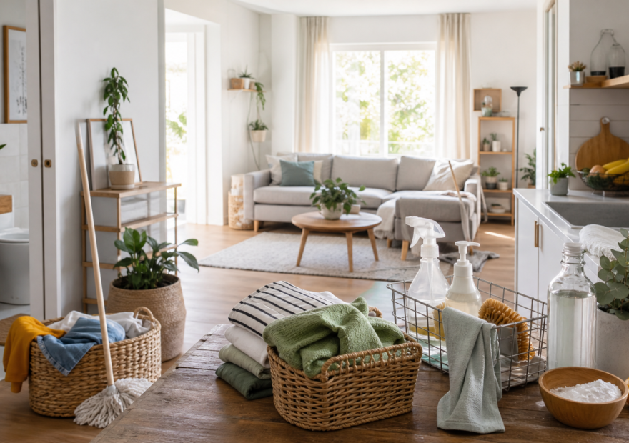 Interior ordenado de una casa durante una rutina de limpieza