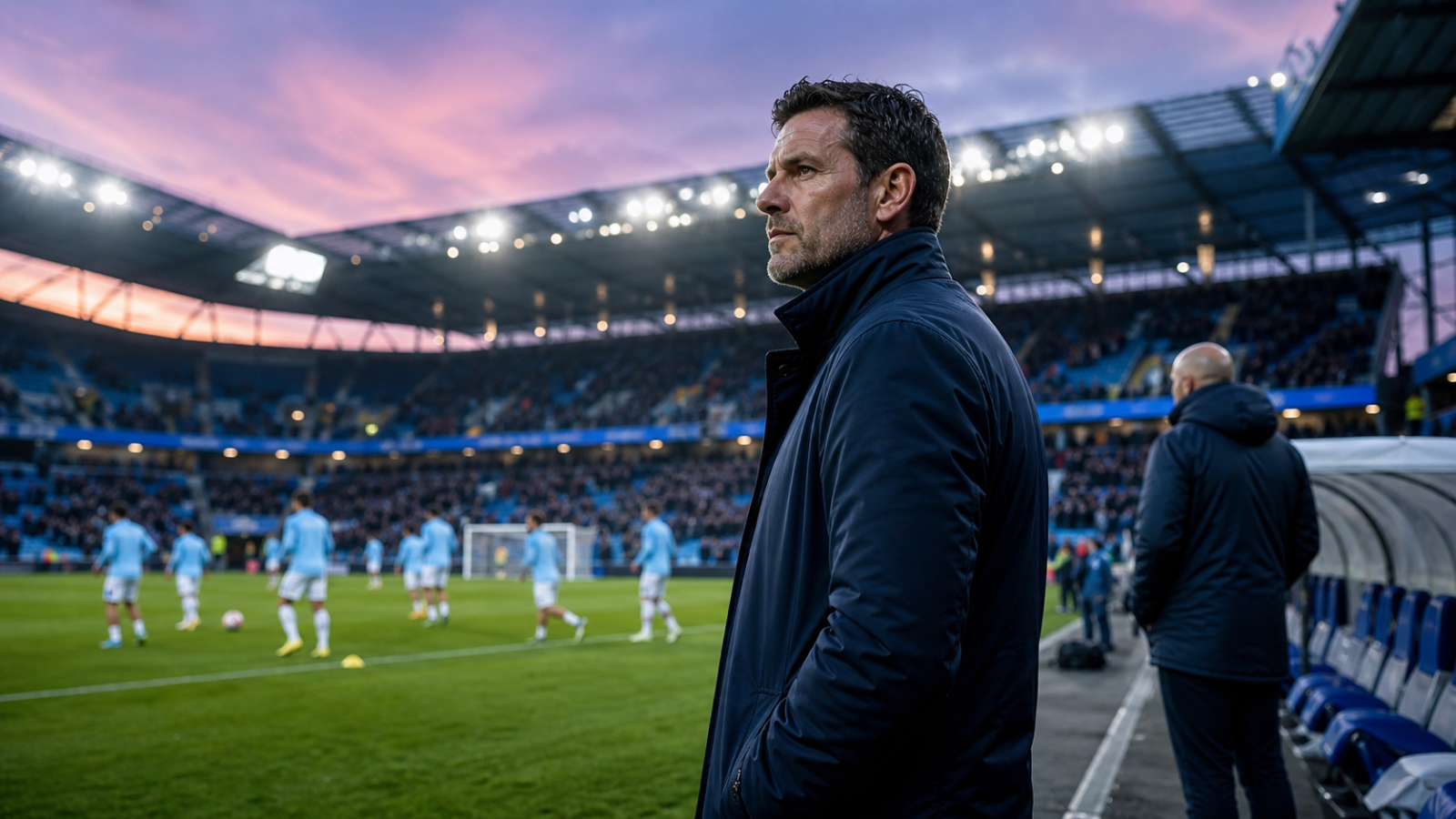 Entrenador de futbol en la banda durante el inicio de una nueva etapa en la Premier League