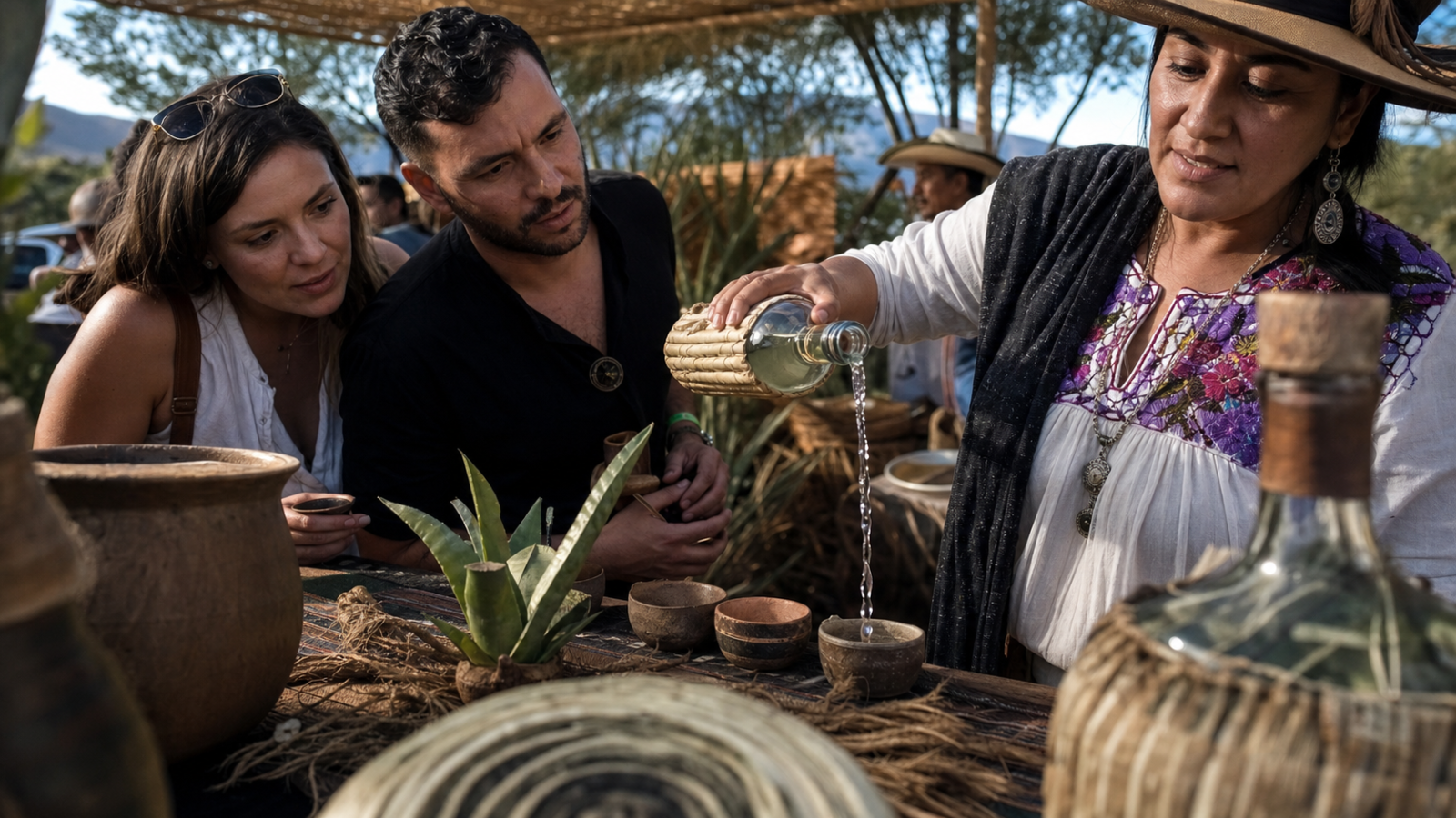 Productor vierte mezcal en una copita mientras visitantes observan la degustación en un festival al aire libre con agaves y artesanía regional.