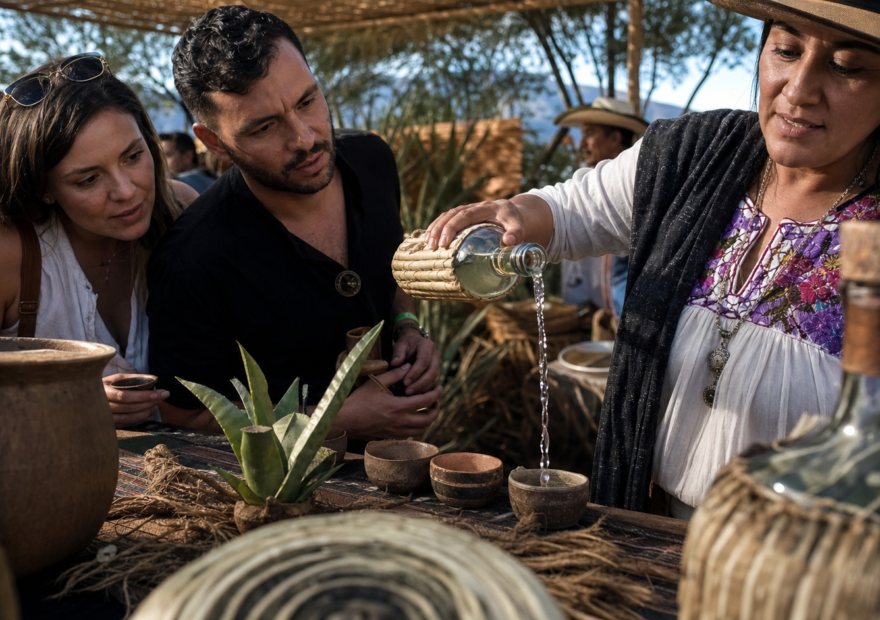 Productor vierte mezcal en una copita mientras visitantes observan la degustación en un festival al aire libre con agaves y artesanía regional.