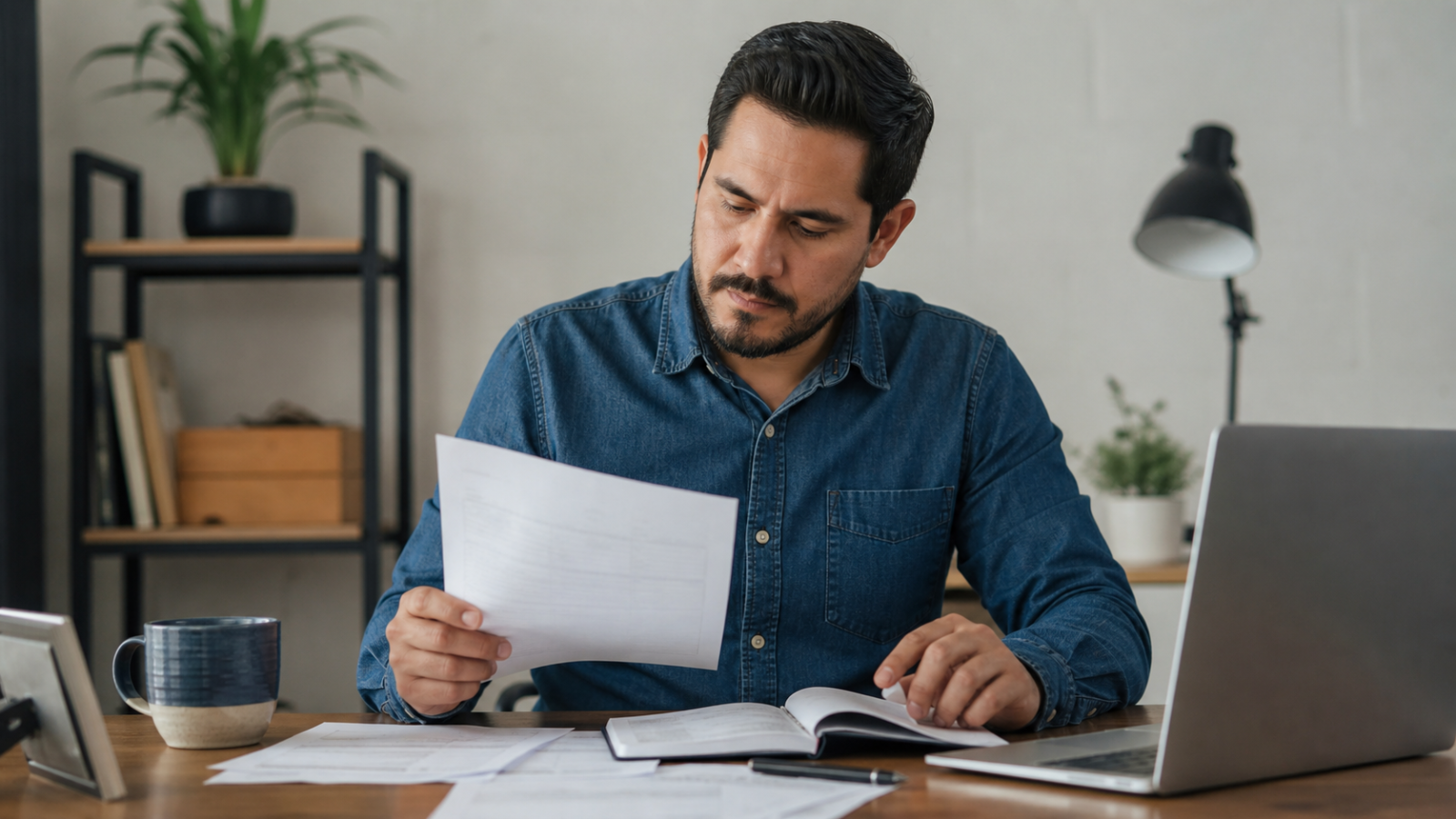 Persona freelance revisa facturas y un registro de ingresos en una computadora junto a una libreta de trabajo.
