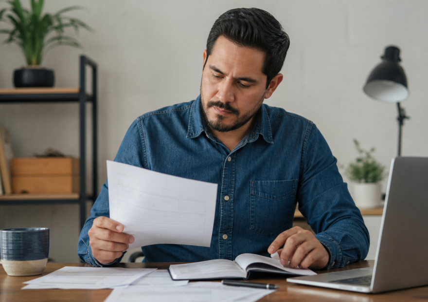 Persona freelance revisa facturas y un registro de ingresos en una computadora junto a una libreta de trabajo.