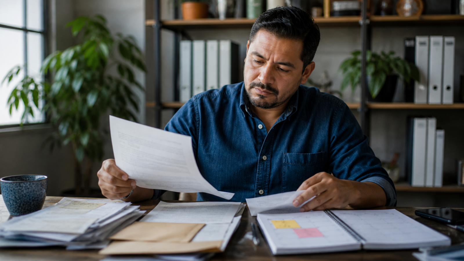 Emprendedora organiza facturas, calendario fiscal y registro de ventas en una mesa de trabajo.