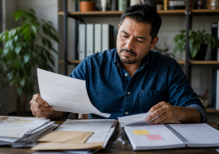 Emprendedora organiza facturas, calendario fiscal y registro de ventas en una mesa de trabajo.
