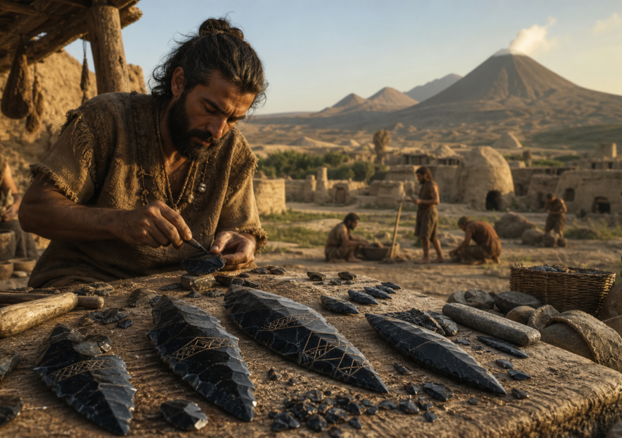 Puntas de flecha neolíticas de obsidiana con grabados geométricos en un taller de Anatolia
