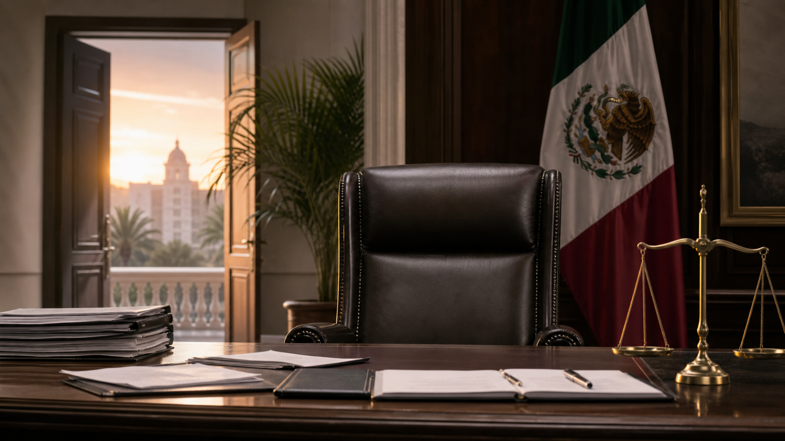 Oficina de gobierno con silla vacía, documentos y balanza de justicia ante el regreso de Rubén Rocha Moya