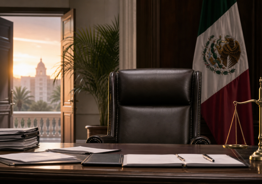 Oficina de gobierno con silla vacía, documentos y balanza de justicia ante el regreso de Rubén Rocha Moya
