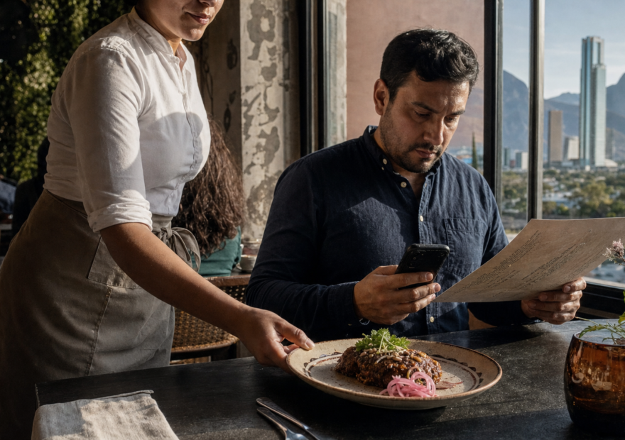 Mesero acerca un plato a una mesa mientras una persona revisa el menú y calcula el gasto en su teléfono, en un restaurante urbano de San Pedro Garza García.