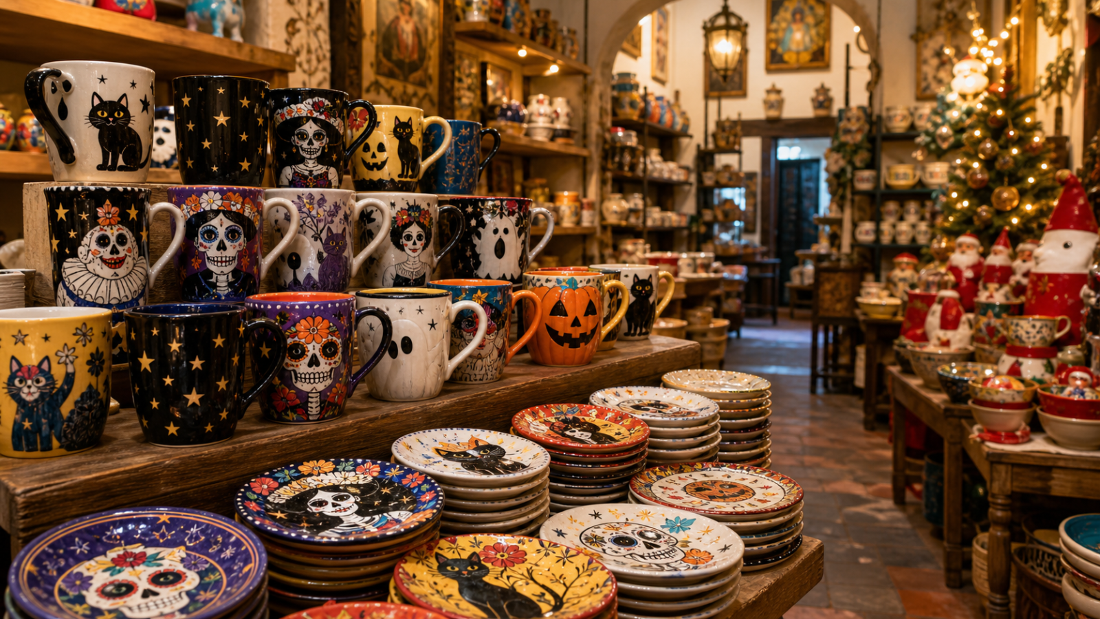 Tazas decorativas y temáticas exhibidas en una tienda del Centro Histórico de la Ciudad de México