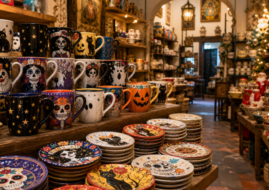 Tazas decorativas y temáticas exhibidas en una tienda del Centro Histórico de la Ciudad de México