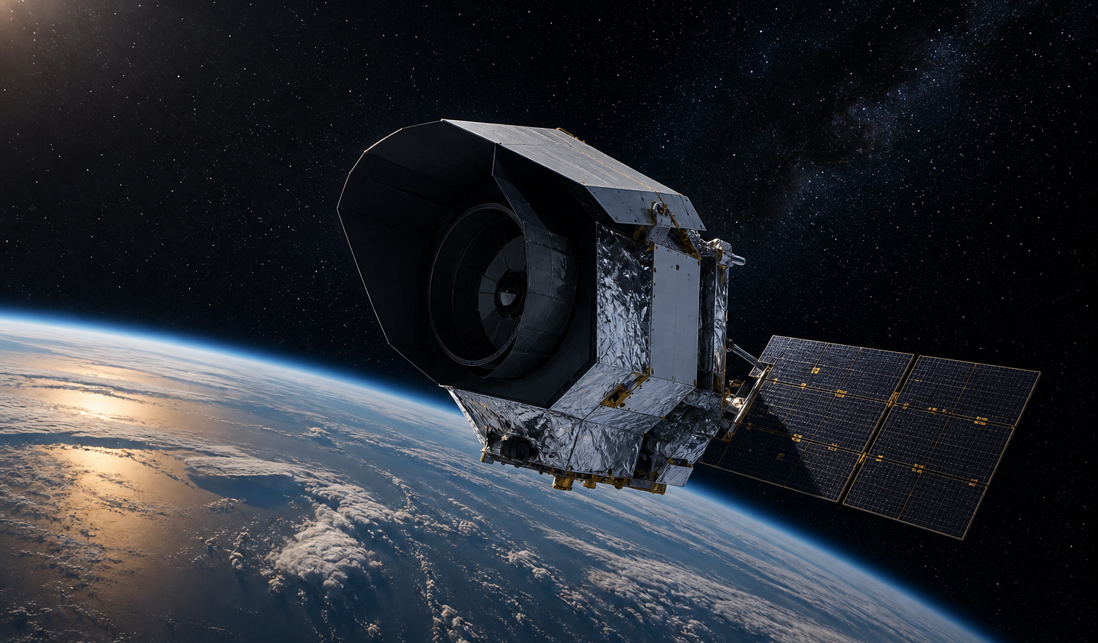 Telescopio espacial Roman en órbita sobre la Tierra y frente a un cielo estrellado