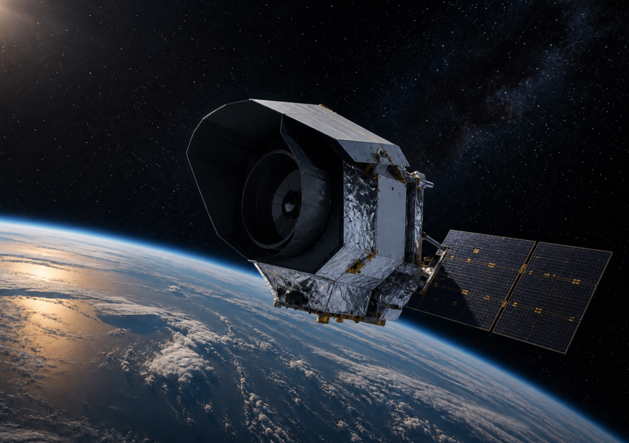 Telescopio espacial Roman en órbita sobre la Tierra y frente a un cielo estrellado