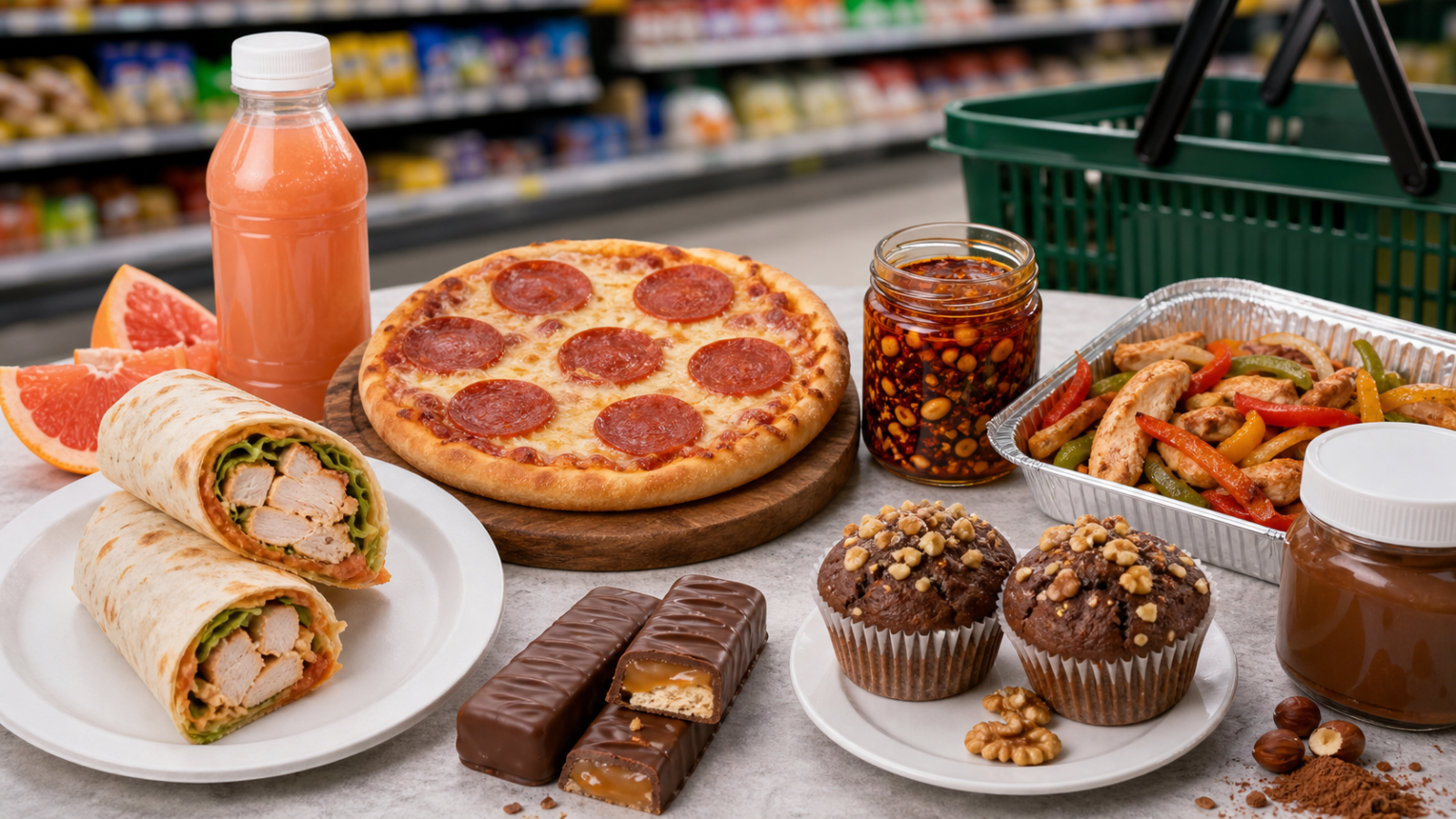 Selección de productos de una tienda de descuento sobre una mesa