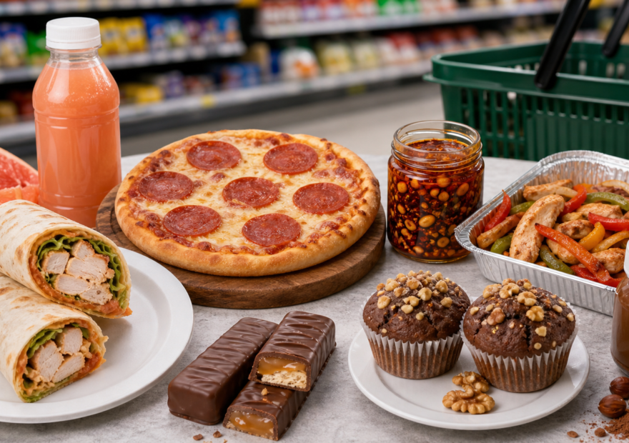 Selección de productos de una tienda de descuento sobre una mesa