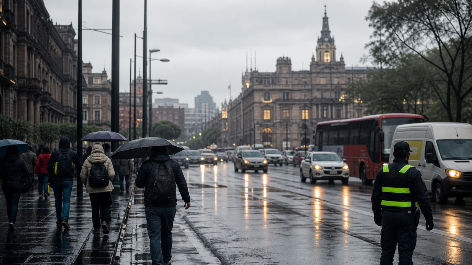 Avenida mojada del Centro Histórico de Ciudad de México con tráfico, peatones con paraguas y personal vial durante una mañana nublada.