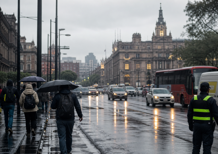 Avenida mojada del Centro Histórico de Ciudad de México con tráfico, peatones con paraguas y personal vial durante una mañana nublada.